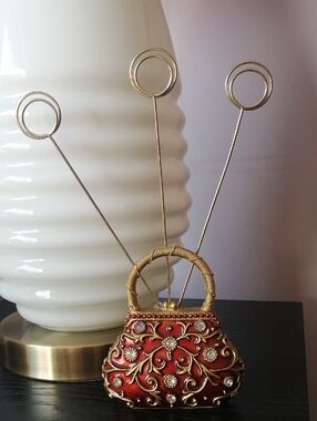 Enameled Jeweled Purse Brass Card Memo Photo Holder Desk Decor Paper Weight